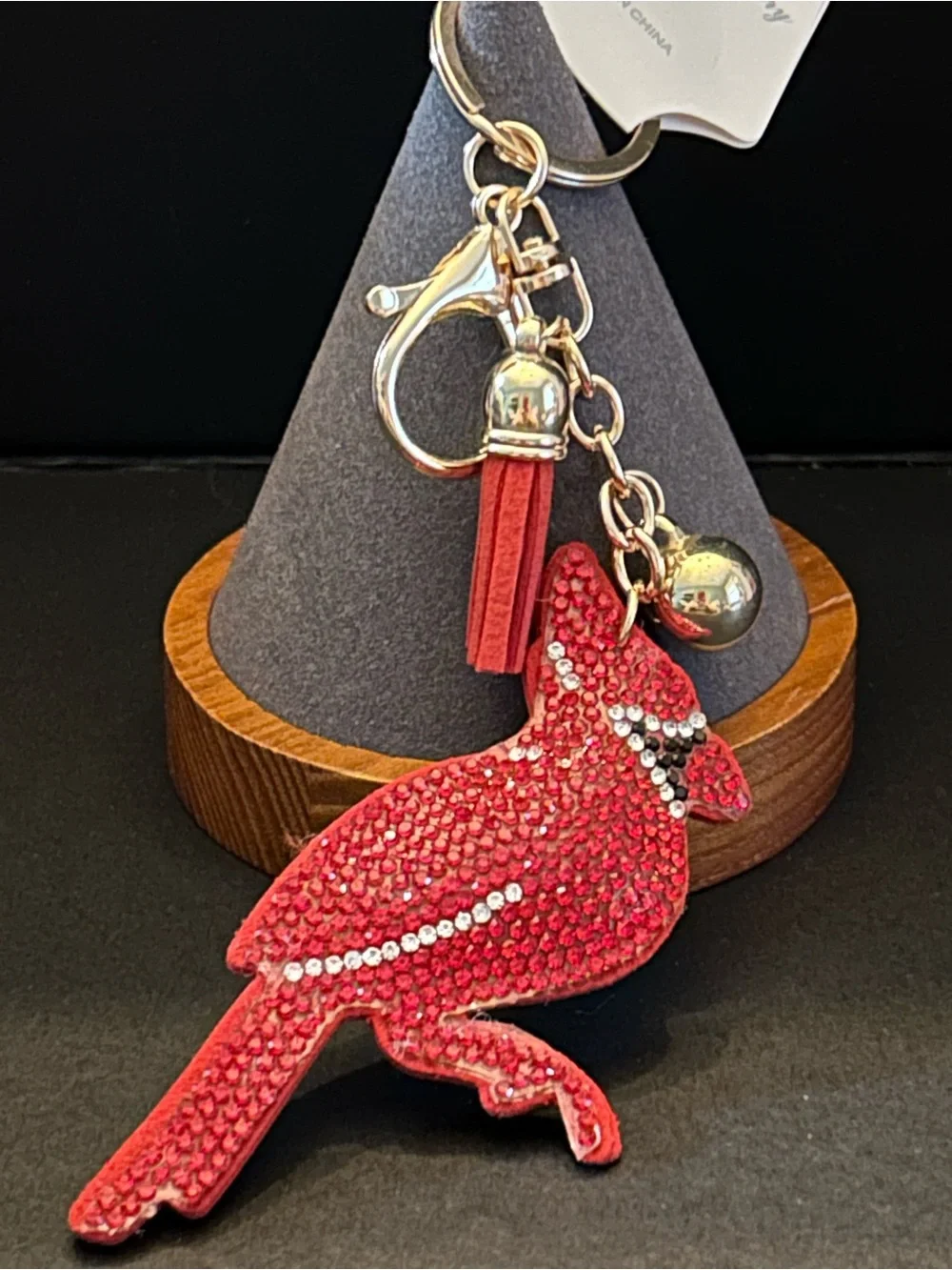 PREMIUM Puffy Red Crystal Cardinal Bird Bag Charm Keychain w/Gold Hardware